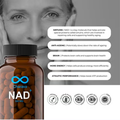 Charava NMN Antiaging Supplement NAD+ Activator 500mg Capsules, Pack of 60's