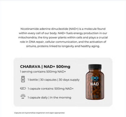 Charava NMN Antiaging Supplement NAD+ Activator 500mg Capsules, Pack of 60's